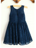 Navy Blue Lace Slit Back Knee Length Flower Girl Dress